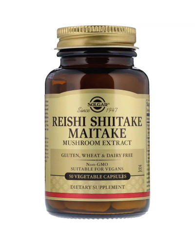 Грибы Рейши, Шитаке и Митаке, Reishi Shiitake Maitake, Solgar, 50 капсул