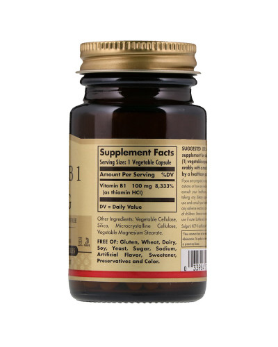 Вітамін В1 (тіамін), 100 мг, Vitamin B1, Solgar, 100 вегетаріанських капсул