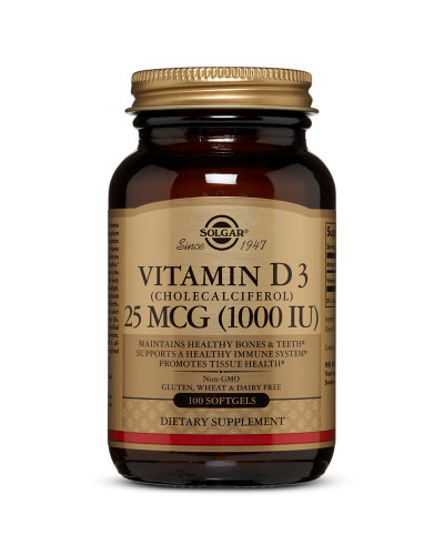 Вітамін D3, Cholecalciferol, Solgar, 25 мкг, 1,000 МО, 100 гелевих капсул