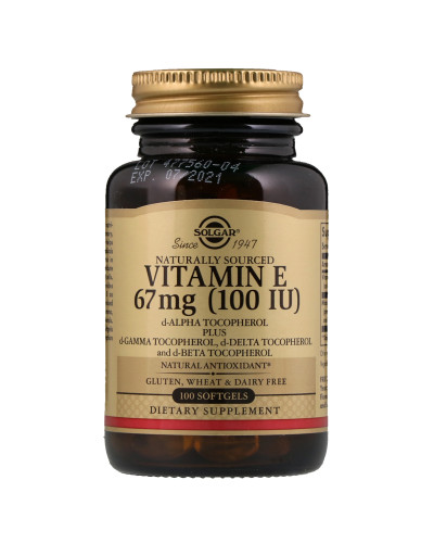 УЦІНКА Вітамін Е, 67 мг (100 IU), d-Alpha Tocopherol & Mixed Tocopherols, Solgar, 100 желатинових капсул (пошкодження зовнішньої плівки)