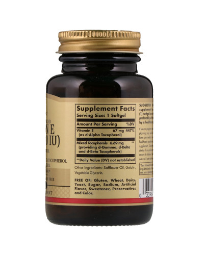 УЦІНКА Вітамін Е, 67 мг (100 IU), d-Alpha Tocopherol & Mixed Tocopherols, Solgar, 100 желатинових капсул (пошкодження зовнішньої плівки)