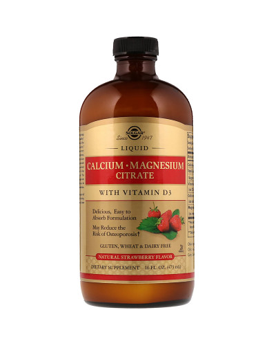 Рідкий Кальцій + Магній + D3, Calcium Magnesium Citrate + Vitamin D3, Solgar, Смак Полуниці, (473 мл)