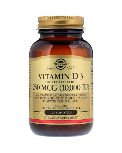Вітамін D3, Vitamin D3 (Cholecalciferol), Solgar, 250 мкг, 10,000 МО, 120 гелевих капсул