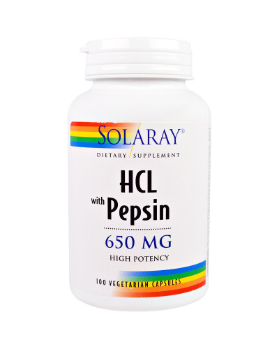 Бетаин HCL и Пеппсин, HCL with Pepsin, Solaray, 650 мг, 100 вегетарианских капсул