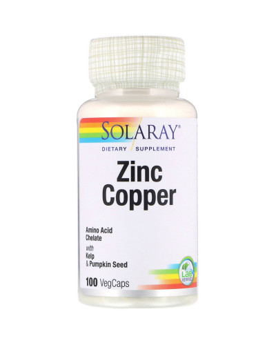Цинк и Медь с водорослями и тыквенными семечками, Zinc Copper, Solaray, 100 вегетарианских капсул