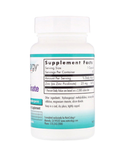 Цинк Пиколинат, Zinc Picolinate, Nutricology, 60 вегетарианских капсул
