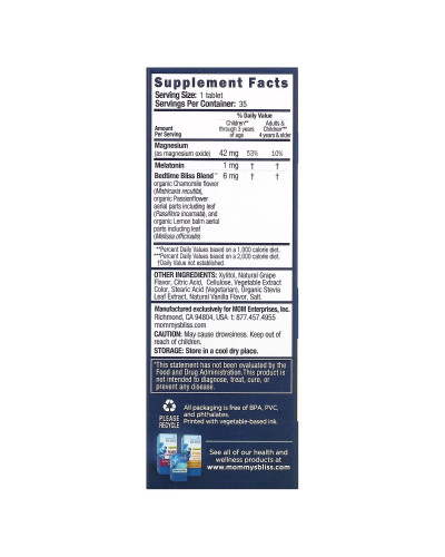Мелатонін та Магній для дітей від 3 років, смак винограду, Kids Sleep Chewable, Melatonin+Magnesium, Mommy's Bliss, 35 жувальних таблеток