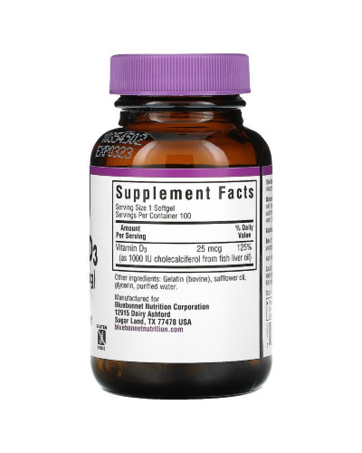 Вiтамiн D3 1000IU, Bluebonnet Nutrition, 100 желатинових капсул Вiтамiн D3 1000IU, Bluebonnet Nutrition, 100 желатинових капсул