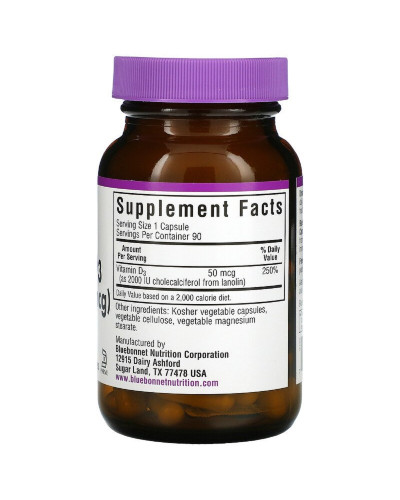 Вітамін D3 2000 МО, Vitamin D3, Bluebonnet Nutrition, 90 вегетаріанських капсул Вітамін D3 2000 МО, Vitamin D3, Bluebonnet Nutrition, 90 вегетаріанських капсул