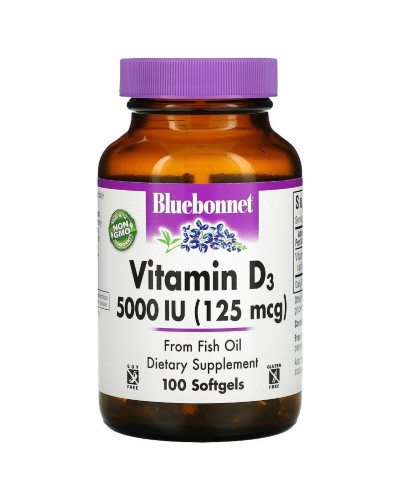 Вітамін D3 5000IU (125 мкг), Vitamin D3, Bluebonnet Nutrition, 100 желатинових капсул