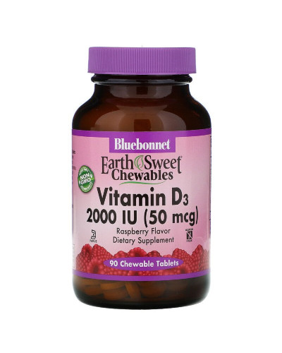 Вiтамiн D3 2000IU, Смак Малини, Earth Sweet Chewables, Bluebonnet Nutrition, 90 жувальних таблеток