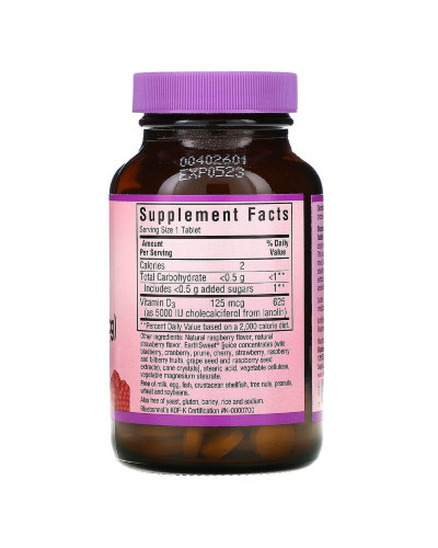 Витамин D3 5000IU, Вкус Малины, Earth Sweet Chewables, Bluebonnet Nutrition, 90 жевательных таблеток