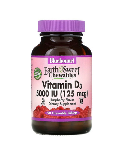 Витамин D3 5000IU, Вкус Малины, Earth Sweet Chewables, Bluebonnet Nutrition, 90 жевательных таблеток