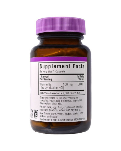 Вітамін B6 100 мг, Vitamin B6, Bluebonnet Nutrition, 90 вегетаріанських капсул Вітамін B6 100 мг, Vitamin B6, Bluebonnet Nutrition, 90 вегетаріанських капсул