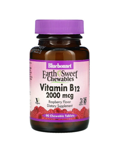 Вітамін В12 2000мкг, Смак Малини, Earth Sweet Chewables, Bluebonnet Nutrition, 90 жувальних таблеток