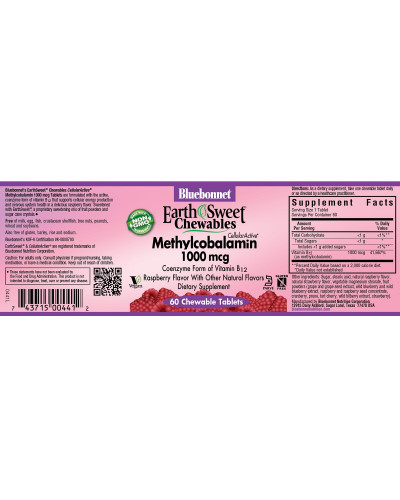 Метилкобаламін (В12) 1000мкг, Смак Малини, Earth Sweet Chewables, Bluebonnet Nutrition, 60 жувальних таблеток