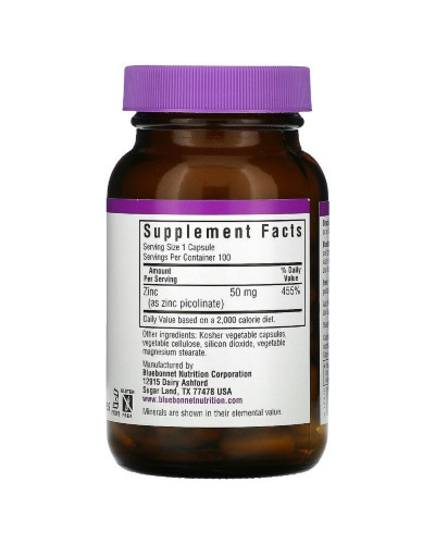 Цинк Пиколинат 50мг, Bluebonnet Nutrition, 100 вегетарианских капсул