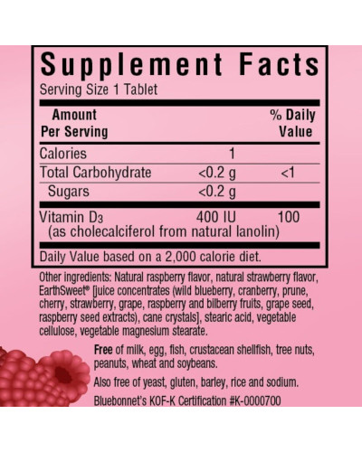 Вітамін D3 400IU, Смак Малини, Earth Sweet Chewables, Bluebonnet Nutrition, 90 жувальних таблеток Вітамін D3 400IU, Смак Малини, Earth Sweet Chewables, Bluebonnet Nutrition, 90 жувальних таблеток