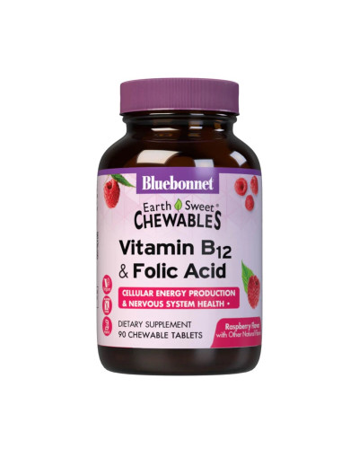 Вітамін В12 і Фолієва кислота, Смак Малини, Earth Sweet Chewables, Bluebonnet Nutrition, 90 жувальних таблеток