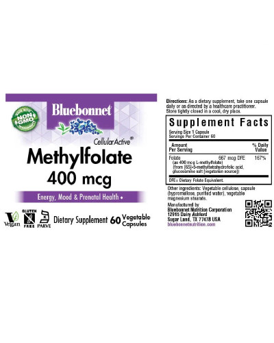 Метилфолат (B9) 400мкг, Cellular Active, Methylfolate, Bluebonnet Nutrition, 60 вегетаріанських капсул