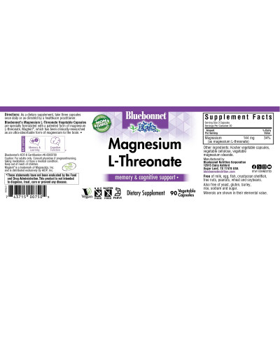 L-Треонат Магния, Magnesium L-Threonate, Bluebonnet Nutrition, 90 вегетарианских капсул