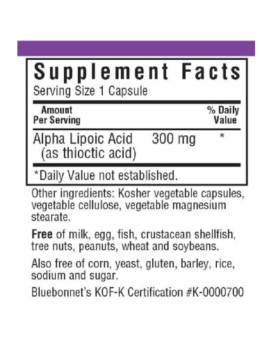 Альфа-Липоевая Кислота 300 мг, Bluebonnet Nutrition, 30 вегетарианских капсул