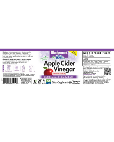 Яблучний оцет, Apple cider vinegar, Bluebonnet Nutrition, 60 вегетаріанських капсул
