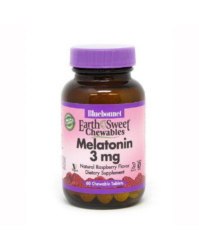 Мелатонін, Melatonin, 3 мг, Bluebonnet Nutrition, EarthSweet, Малиновий Смак, 60 жувальних таблеток