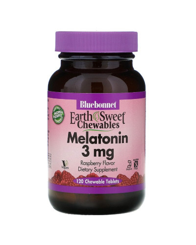 Мелатонін, Melatonin, 3 мг, Bluebonnet Nutrition, EarthSweet, Малиновий Смак, 120 жувальних таблеток