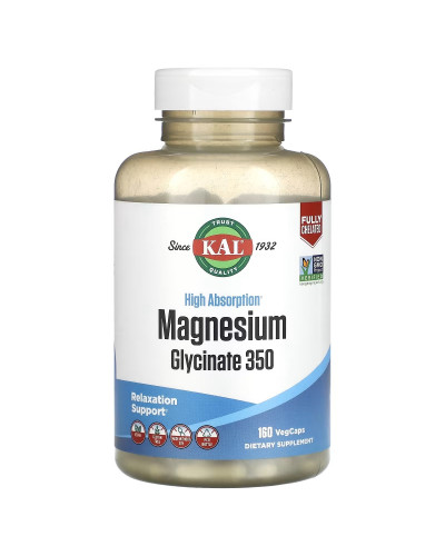 Магний Глицинат высокой усваиваемости, 350 мг, High Absorption Magnesium Glycinate, KAL, 160 вегетарианских капсул