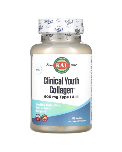Коллаген молодости, 600 мг, Clinical Youth Collagen, Type I&III, KAL, 60 вегетарианских капсул