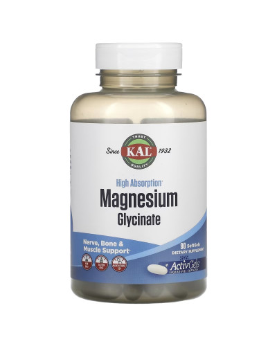 Магний Глицинат высокой усваиваемости, 315 мг, High Absorption Magnesium Glycinate, KAL, 90 желатиновых капсул