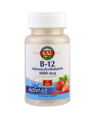 Вітамін B-12, B-12 Adenosylcobalamin, KAL, смак полуниці, 1000 мкг, 90 мікротаблеток