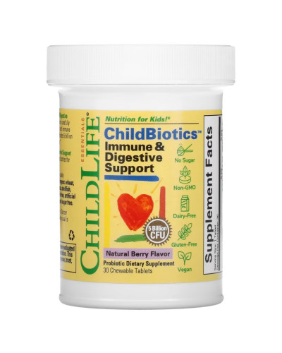 Поддержка иммунитета и пищеварения для детей, 5 млрд КОЕ, вкус ягод, ChildBiotics, Immune&Digestive Support, ChildLife, 30 жевательных таблеток