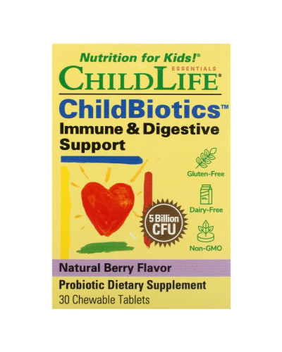 Поддержка иммунитета и пищеварения для детей, 5 млрд КОЕ, вкус ягод, ChildBiotics, Immune&Digestive Support, ChildLife, 30 жевательных таблеток
