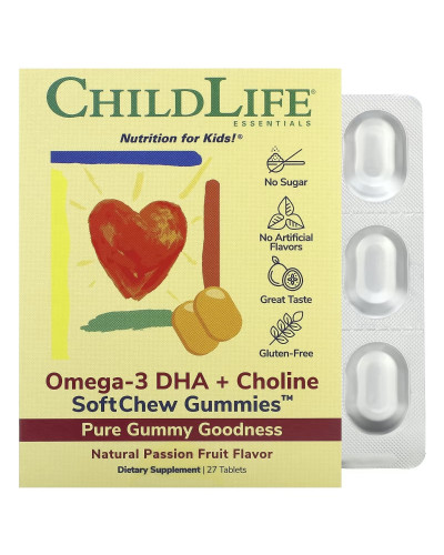 Омега-3 ДГК та холін для дітей, смак маракуї, Essentials, Omega-3 DHA + Choline, ChildLife, 27 жувальних таблеток