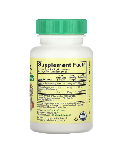 Детский DHA, из водорослей с витамином А и лютеином, вкус ягод, Algae DHA with Vitamin A & Lutein, ChildLife, 60 гелевых капсул