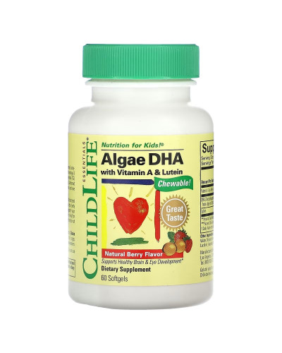 Детский DHA, из водорослей с витамином А и лютеином, вкус ягод, Algae DHA with Vitamin A & Lutein, ChildLife, 60 гелевых капсул