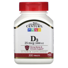 Витамин D3, 25 мкг, Vitamin D3, 21st Century, 300 таблеток