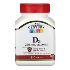 Витамин D3, 250 мкг, Vitamin D3, 21st Century, 110 таблеток