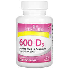 Кальций 600 и Витамин D3, 20 мкг, Calcium 600+D3, 21st Century, 75 таблеток