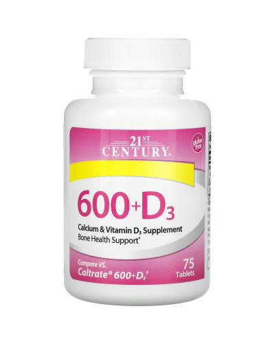Кальцій 600 та Вітамін D3, 20 мкг, Calcium 600 + D3, 21st Century, 75 таблеток