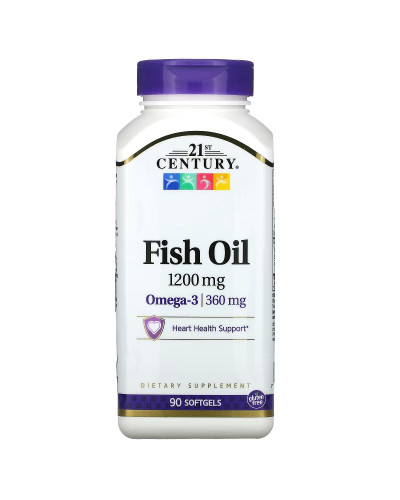 Рыбий жир, 1200 мг, Омега-3, 360 мг, Fish Oil Omega 3, 21st Century, 90 желатиновых капсул
