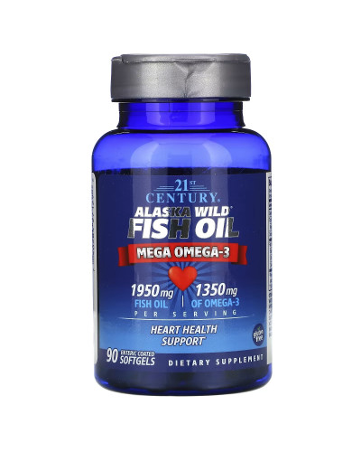 Жир дикої риби Аляски, Риб'ячий жир 1950 мг, Омега 3 1350 мг, Alaska Wild Fish Oil, Mega Omega 3, 21st Century, 90 желатинових капсул