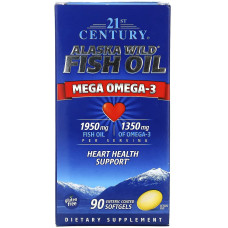 Жир дикой рыбы Аляски, Рыбий жир 1950 мг, Омега 3 1350 мг, Alaska Wild Fish Oil, Mega Omega 3, 21st Century, 90 желатиновых капсул