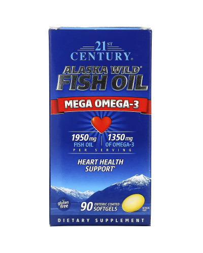 Жир дикої риби Аляски, Риб'ячий жир 1950 мг, Омега 3 1350 мг, Alaska Wild Fish Oil, Mega Omega 3, 21st Century, 90 желатинових капсул