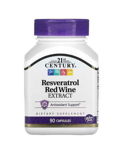 Ресвератрол с экстрактом красного вина, 200 мг, Resveratrol Red Wine Extract, 21st Century, 90 капсул