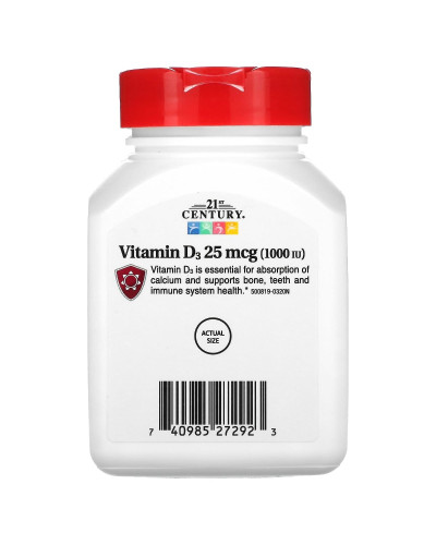 Вітамін D3, 25 мкг, Vitamin D3, 21st Century, 300 таблеток