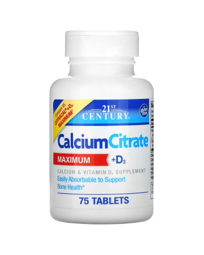 Кальцій Цитрат та вітамін D3, Calcium Citrate + D3 Maximum, 21st Century, 75 таблеток