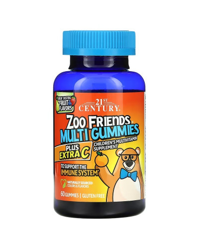 Мультивитамины для детей, усиленный витамин C, вкус фруктов, Zoo Friends Multi, Plus Extra C, 21st Century, 60 жевательных конфет